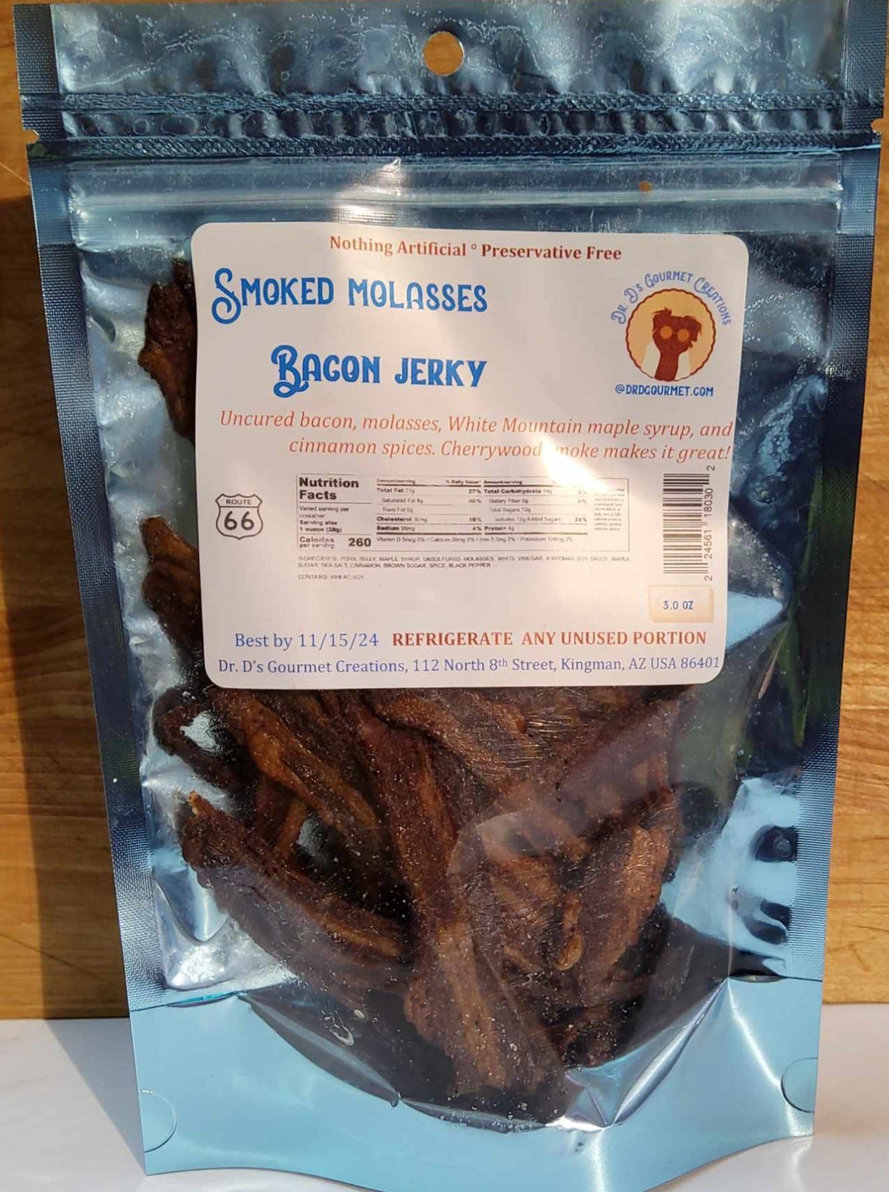 A package of our Smoked Molasses Bacon Jerky